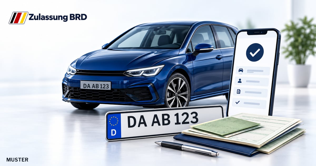 Online Fahrzeugzulassung in Ober-Ramstadt: Musterkennzeichen DA AB 123, Auto und Fahrzeugpapiere und Smartphone. Illustration mit Logo von Zulassung BRD.